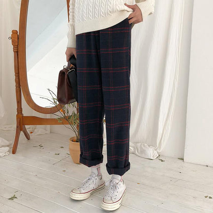 Straight Plaid Cotton Trousers by White Market