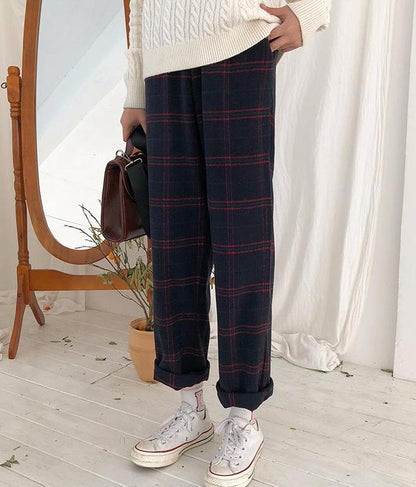 Straight Plaid Cotton Trousers by White Market