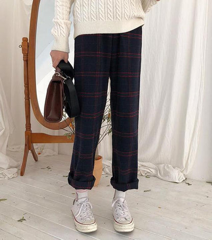 Straight Plaid Cotton Trousers by White Market