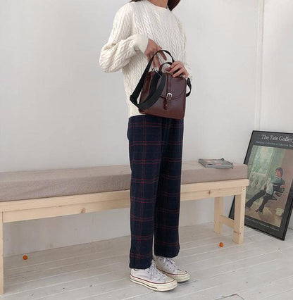 Straight Plaid Cotton Trousers by White Market