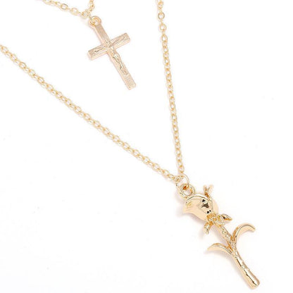 Cross And Rose Two Piece Necklace Set by White Market