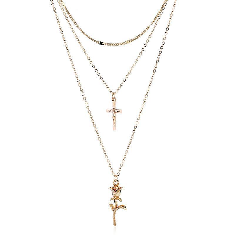 Cross And Rose Two Piece Necklace Set by White Market