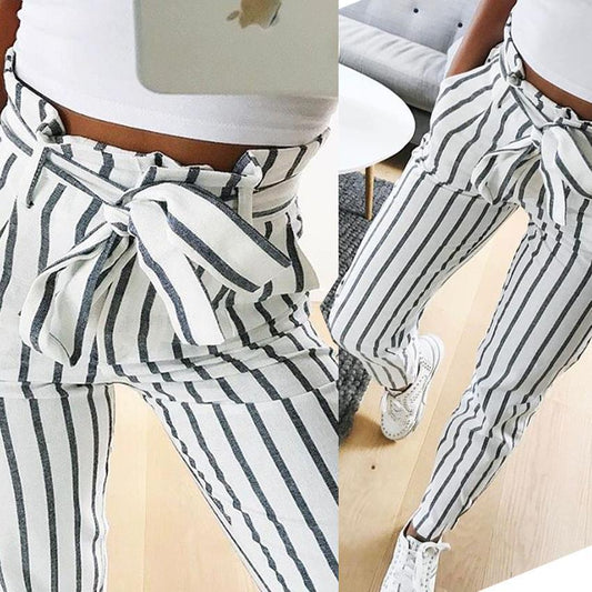 Striped Mid Waist Trousers With Belt by White Market