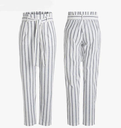 Striped Mid Waist Trousers With Belt by White Market