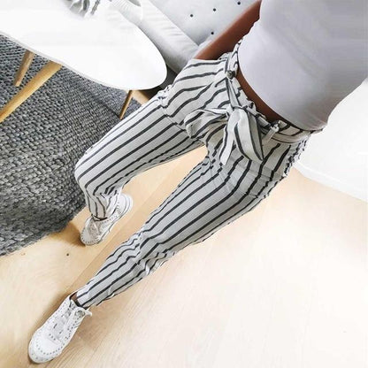 Striped Mid Waist Trousers With Belt by White Market