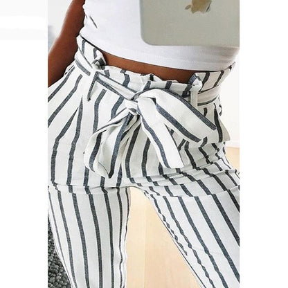 Striped Mid Waist Trousers With Belt by White Market