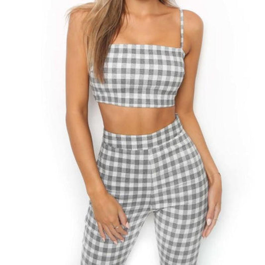 Grey Plaid Cropped Top Flared Pants (2 Piece Set) by White Market