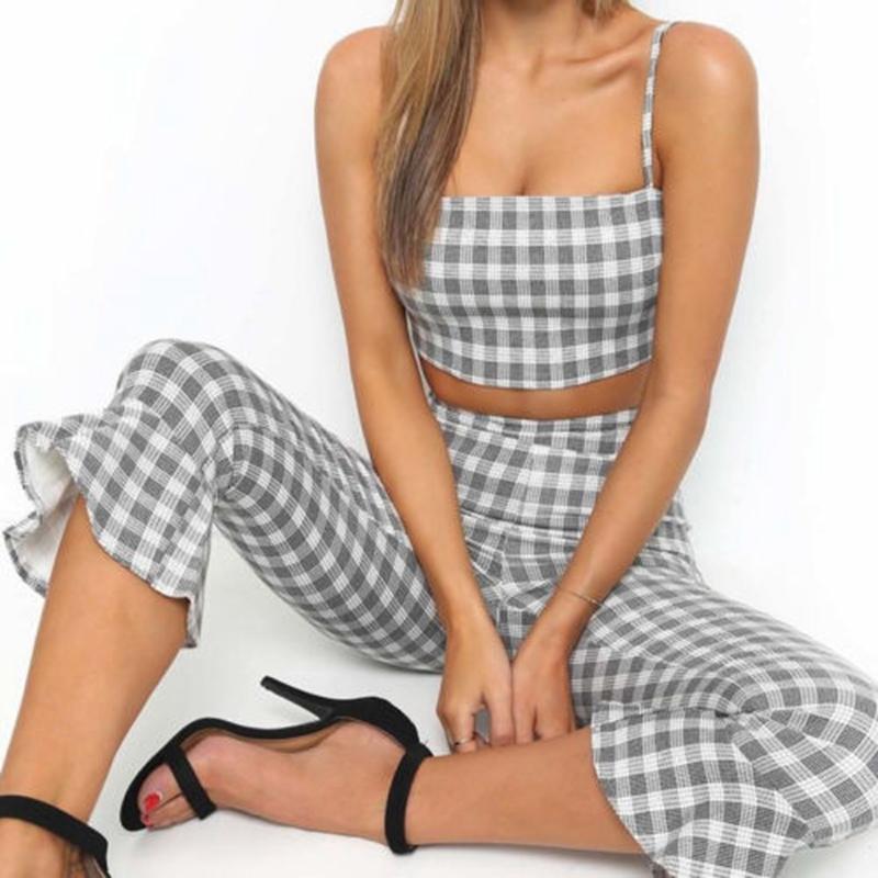 Grey Plaid Cropped Top Flared Pants (2 Piece Set) by White Market