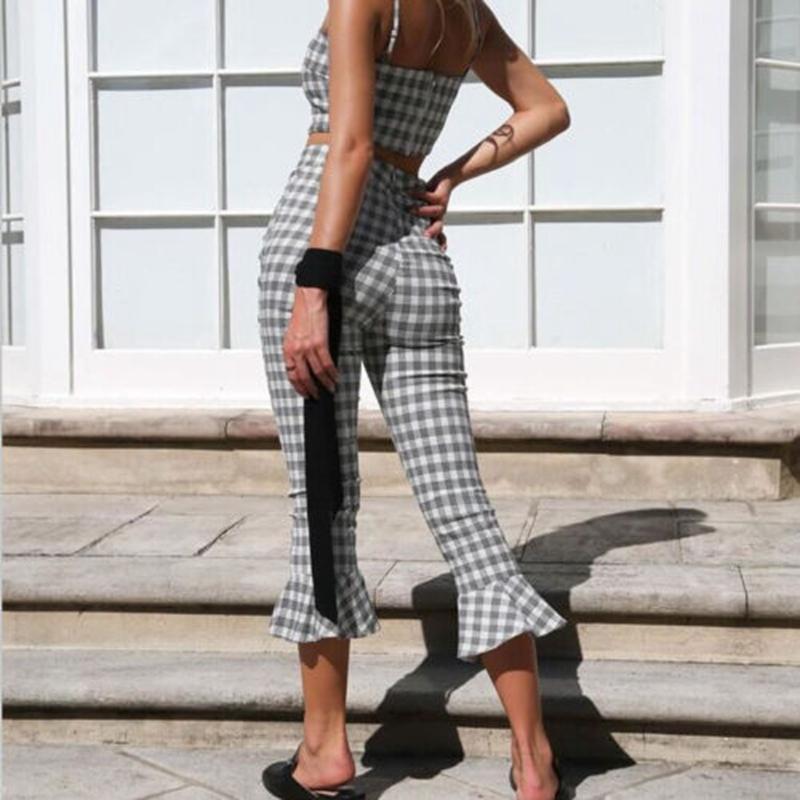 Grey Plaid Cropped Top Flared Pants (2 Piece Set) by White Market