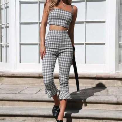 Grey Plaid Cropped Top Flared Pants (2 Piece Set) by White Market