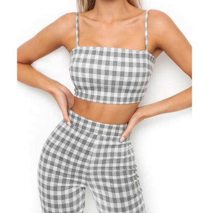 Grey Plaid Cropped Top Flared Pants (2 Piece Set) by White Market