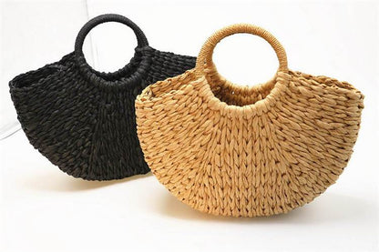 Half Crescent Woven Straw Beach Bag by White Market