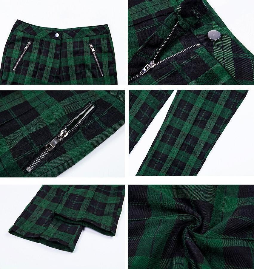 Green Plaid Trousers With Zipper Pockets by White Market