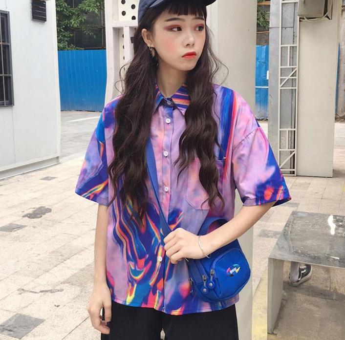 Short Sleeve Technicolor Button Up Shirt by White Market