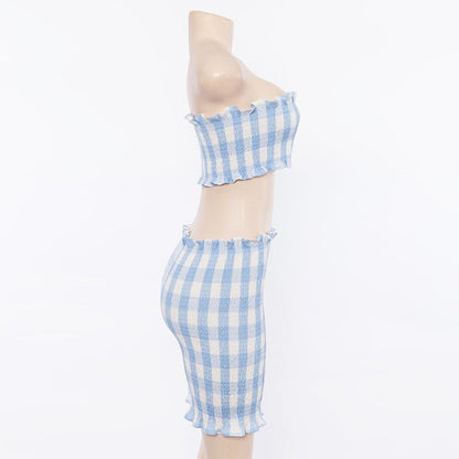 Blue Plaid Tube Top And Skirt (2 Piece Set) by White Market