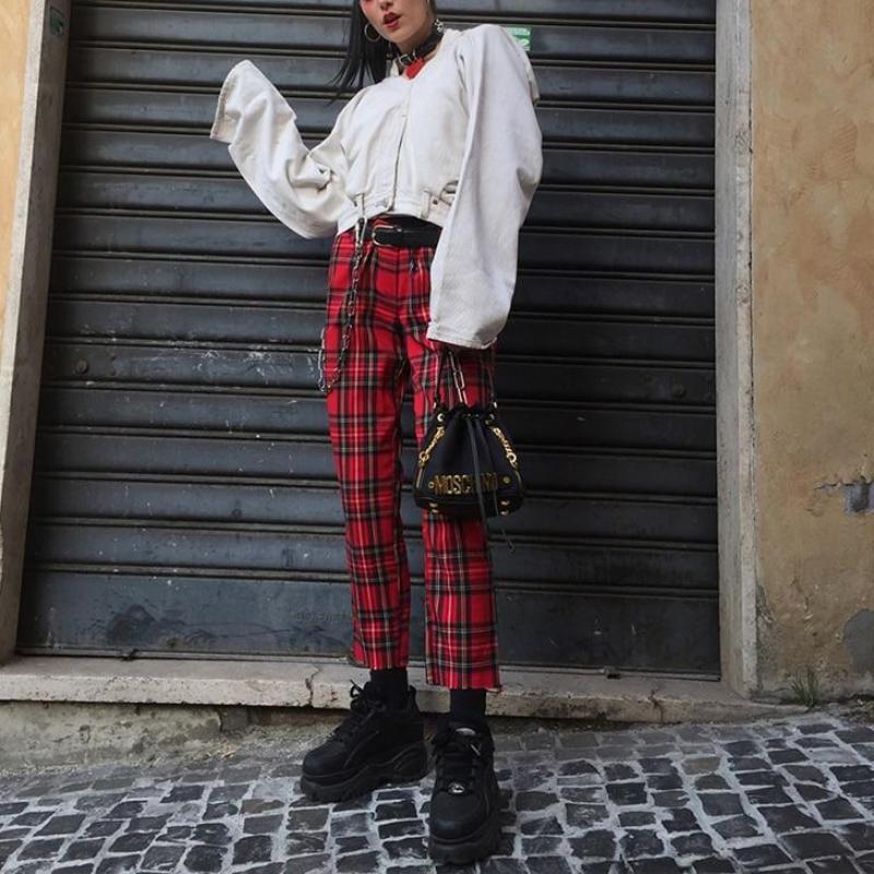 Red Plaid High Waisted Trousers by White Market