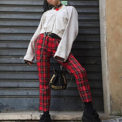 Red Plaid High Waisted Trousers by White Market