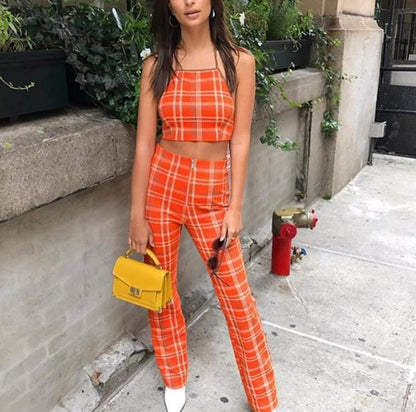 Orange Plaid Top & Trousers Two Piece Set by White Market