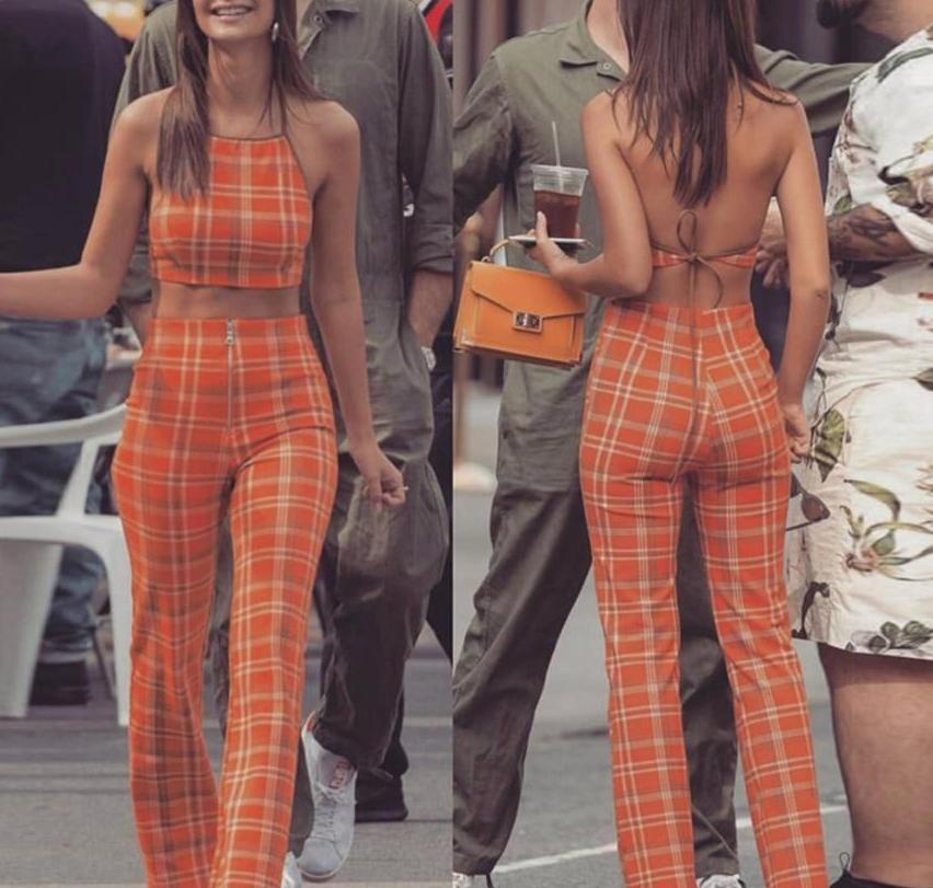 Orange Plaid Top & Trousers Two Piece Set by White Market