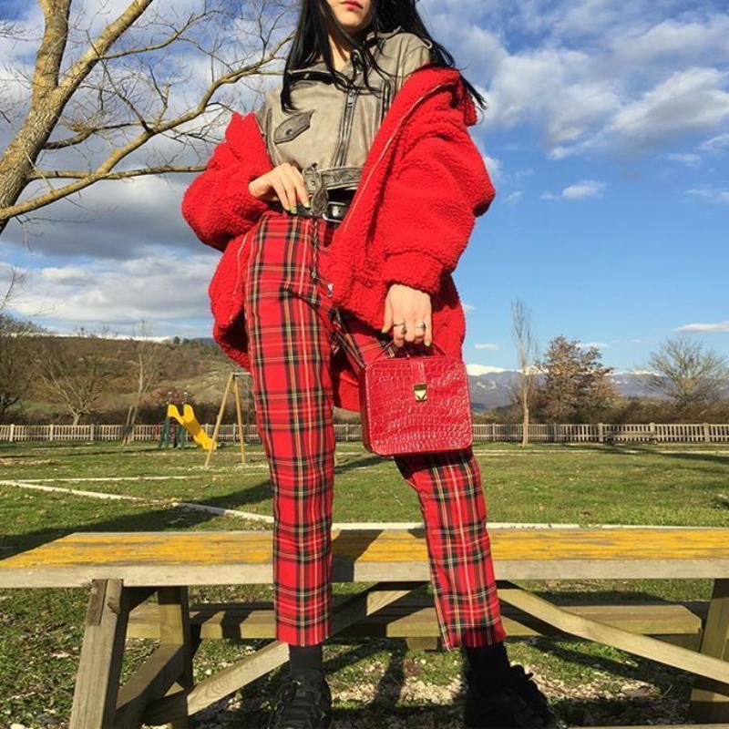 Red Plaid High Waisted Trousers by White Market