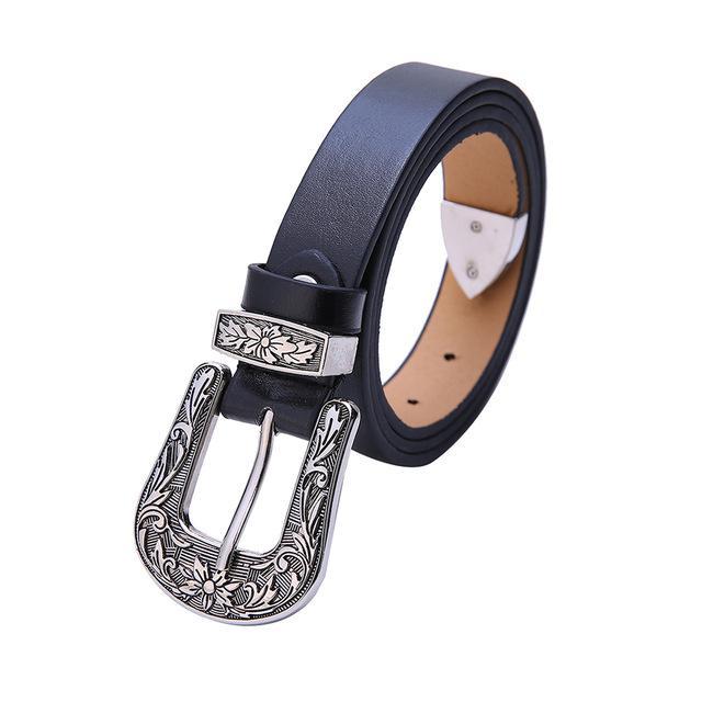 Carved Steel Buckle Leather Belt by White Market