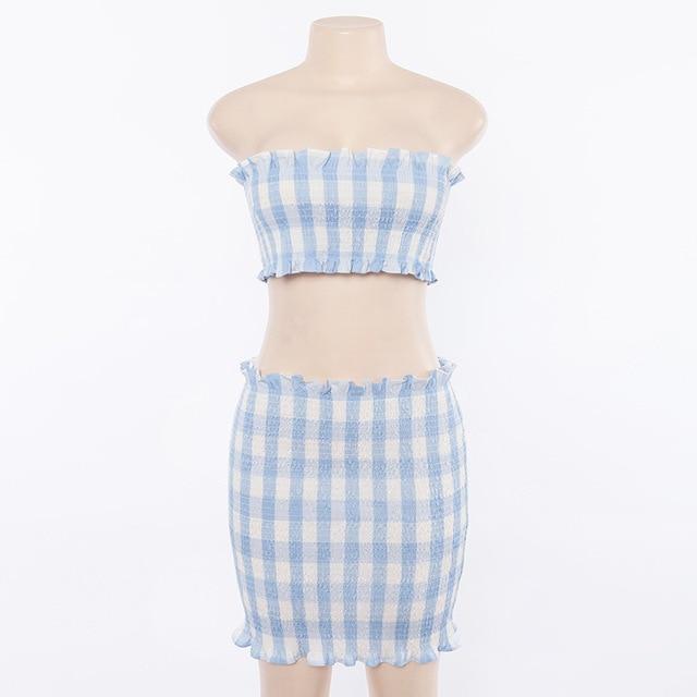 Blue Plaid Tube Top And Skirt (2 Piece Set) by White Market