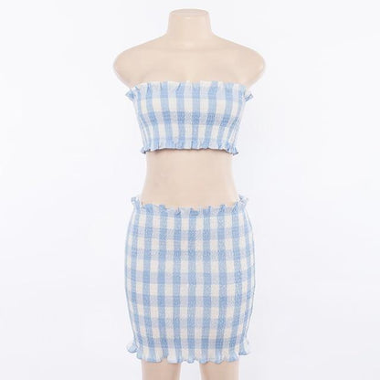 Blue Plaid Tube Top And Skirt (2 Piece Set) by White Market