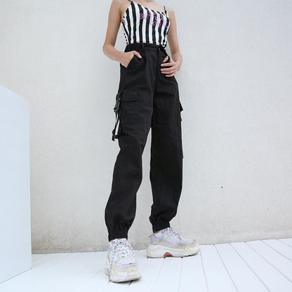 High Waisted Black Nylon Cargo Pants by White Market