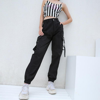 High Waisted Black Nylon Cargo Pants by White Market