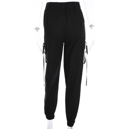 High Waisted Black Nylon Cargo Pants by White Market