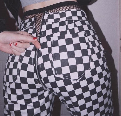 Zip Up Checkered High Waisted Trousers by White Market