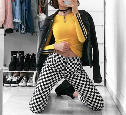 Zip Up Checkered High Waisted Trousers by White Market