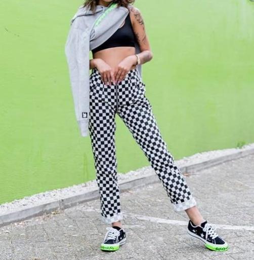 Zip Up Checkered High Waisted Trousers by White Market