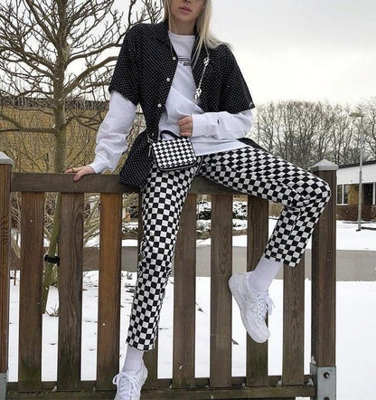 Zip Up Checkered High Waisted Trousers by White Market