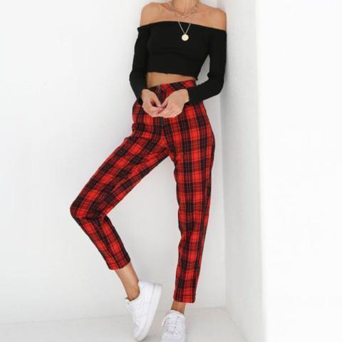 High Waisted Plaid Trousers by White Market