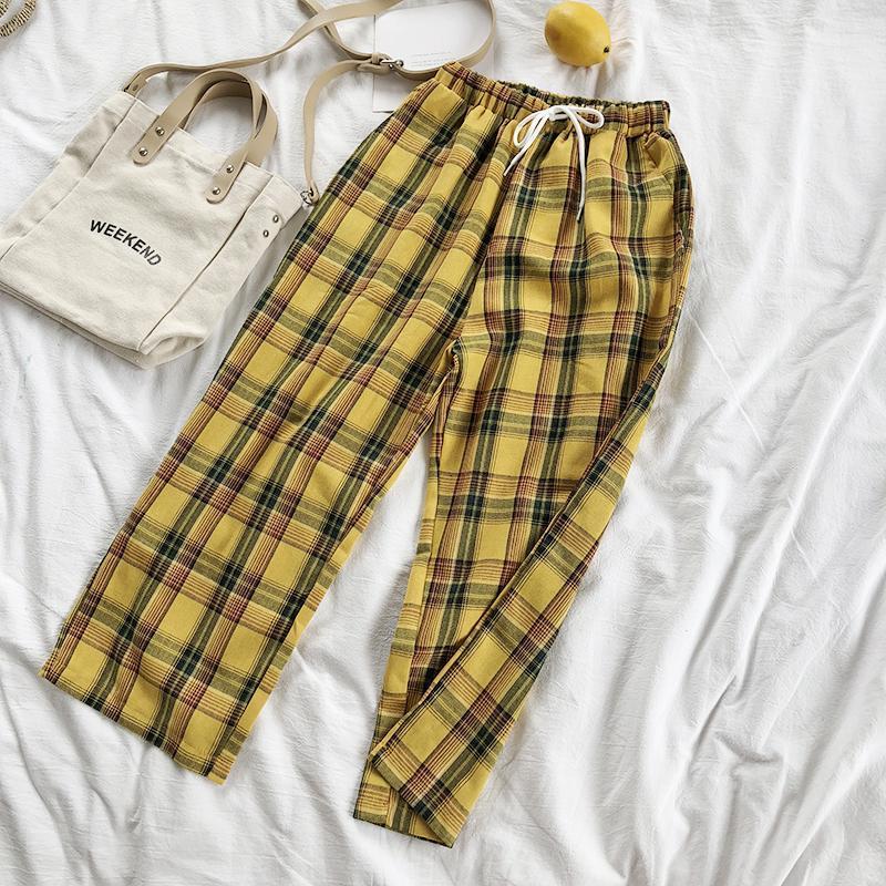 Yellow Plaid Straight Leg High Waisted Trousers by White Market