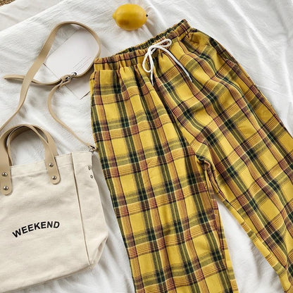 Yellow Plaid Straight Leg High Waisted Trousers by White Market