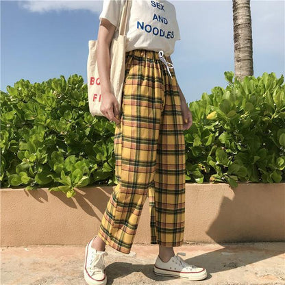 Yellow Plaid Straight Leg High Waisted Trousers by White Market