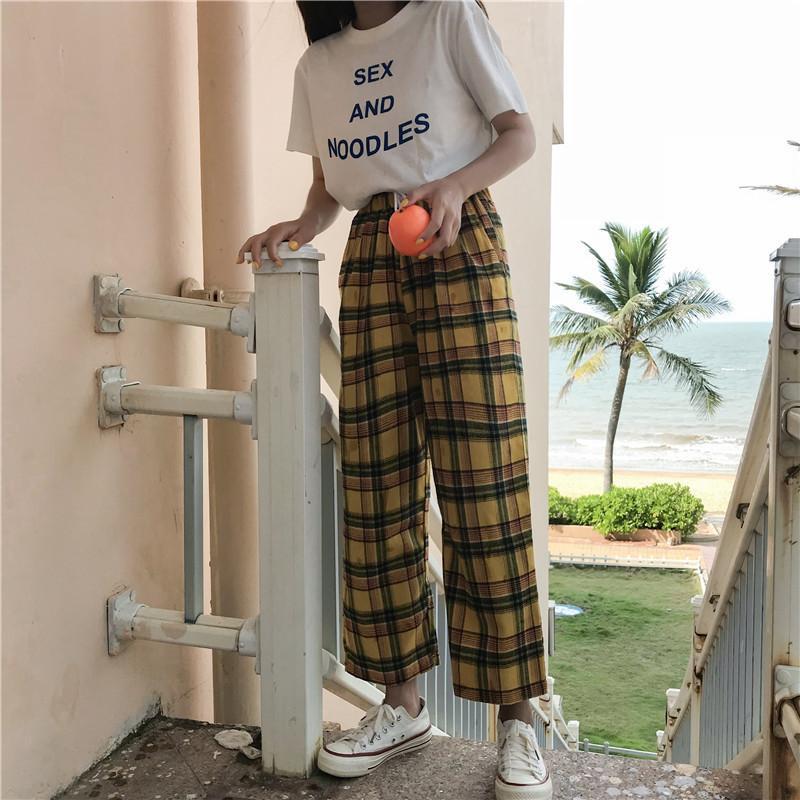 Yellow Plaid Straight Leg High Waisted Trousers by White Market