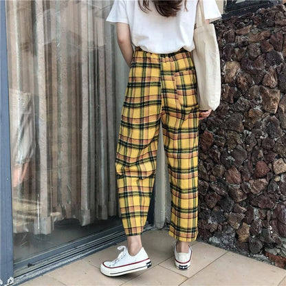 Yellow Plaid Straight Leg High Waisted Trousers by White Market