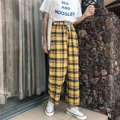 Yellow Plaid Straight Leg High Waisted Trousers by White Market