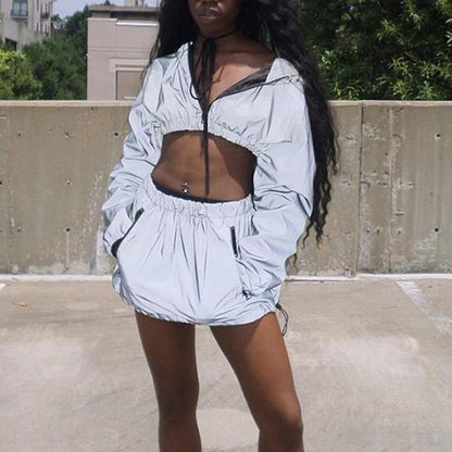 3M Reflective Two Piece Set (Hoodie & Skirt) by White Market