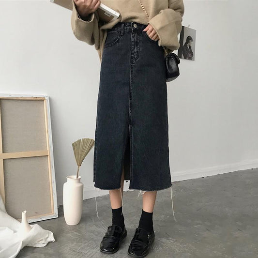 Chloe Denim Split-Front Midi Skirt by White Market