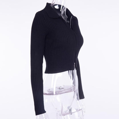 Knitted Ribbed Turn Down Collar Sweater by White Market