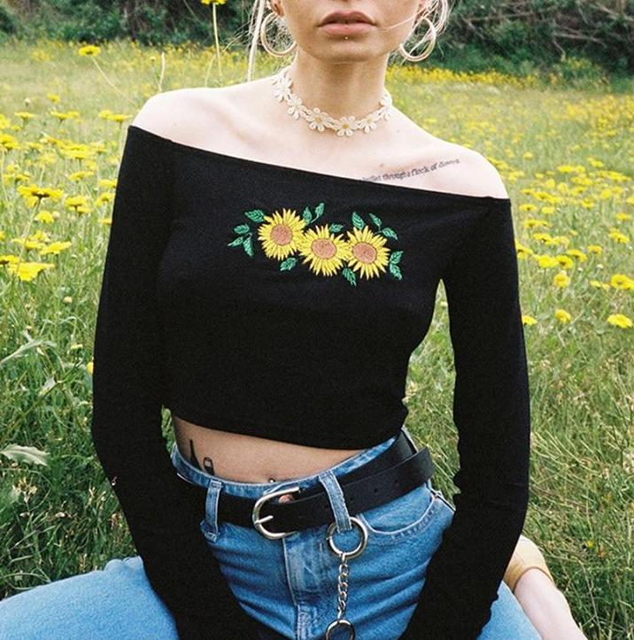 Embroidered Sunflower Cut Shoulder Top by White Market