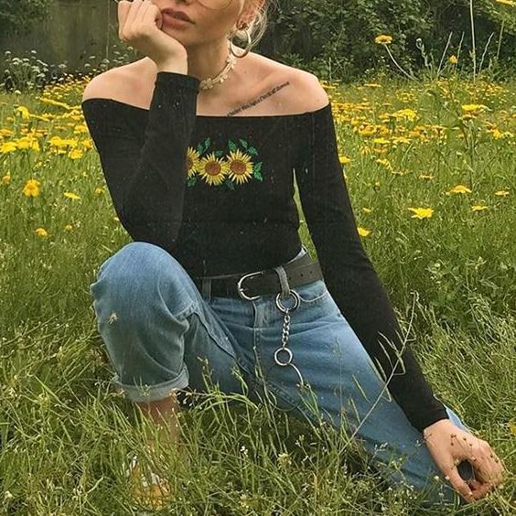 Embroidered Sunflower Cut Shoulder Top by White Market