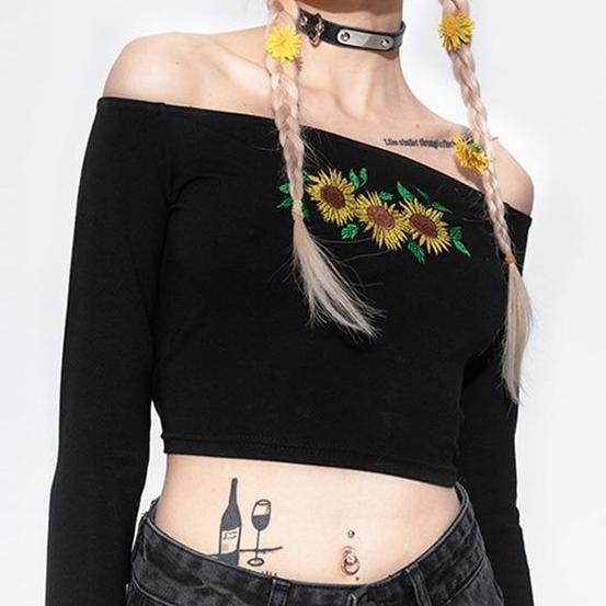 Embroidered Sunflower Cut Shoulder Top by White Market