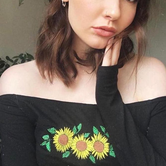 Embroidered Sunflower Cut Shoulder Top by White Market