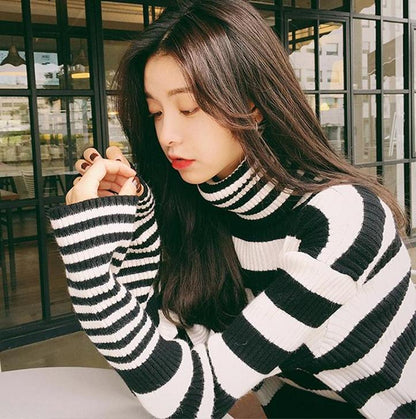 Striped Turtleneck Knitted Sweater by White Market