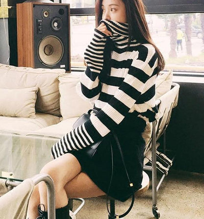 Striped Turtleneck Knitted Sweater by White Market